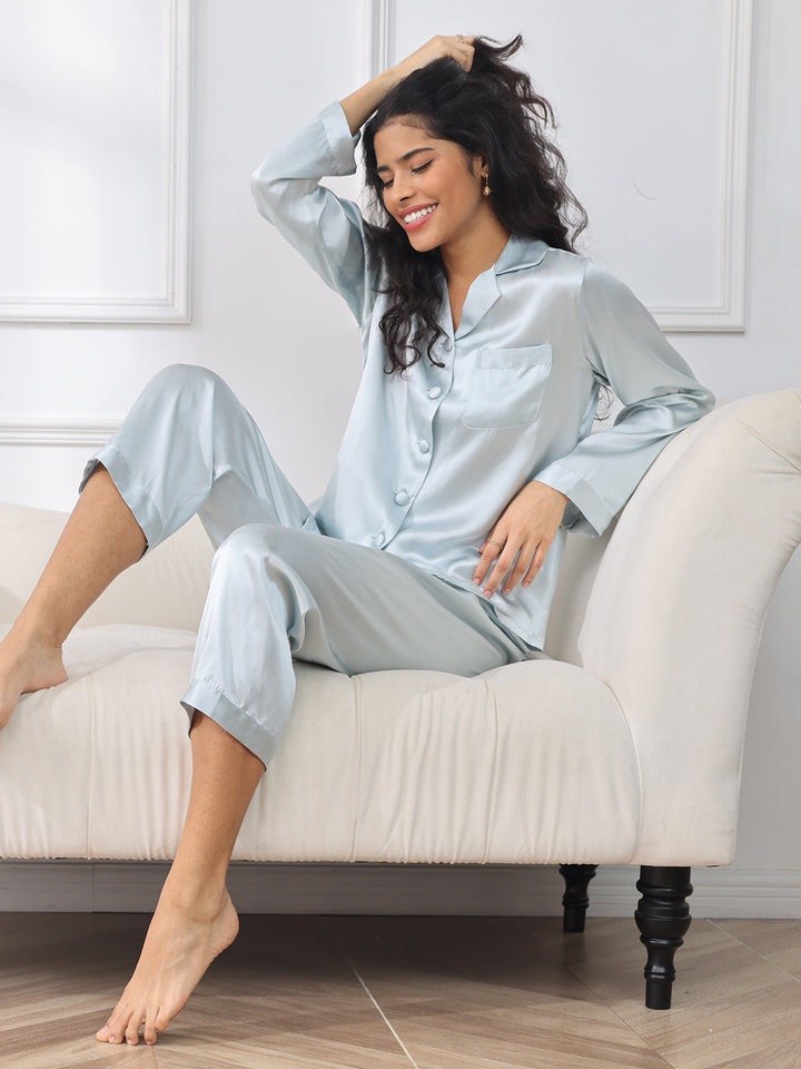 Pure Silk 100% Mulberry Silk Women's Long Sleeve Pajamas Set- Light Blue